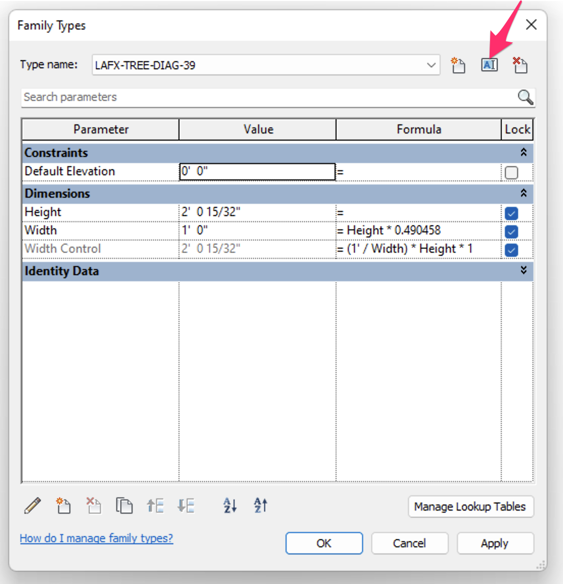 Family Types dialog box, icon to edit the Type name