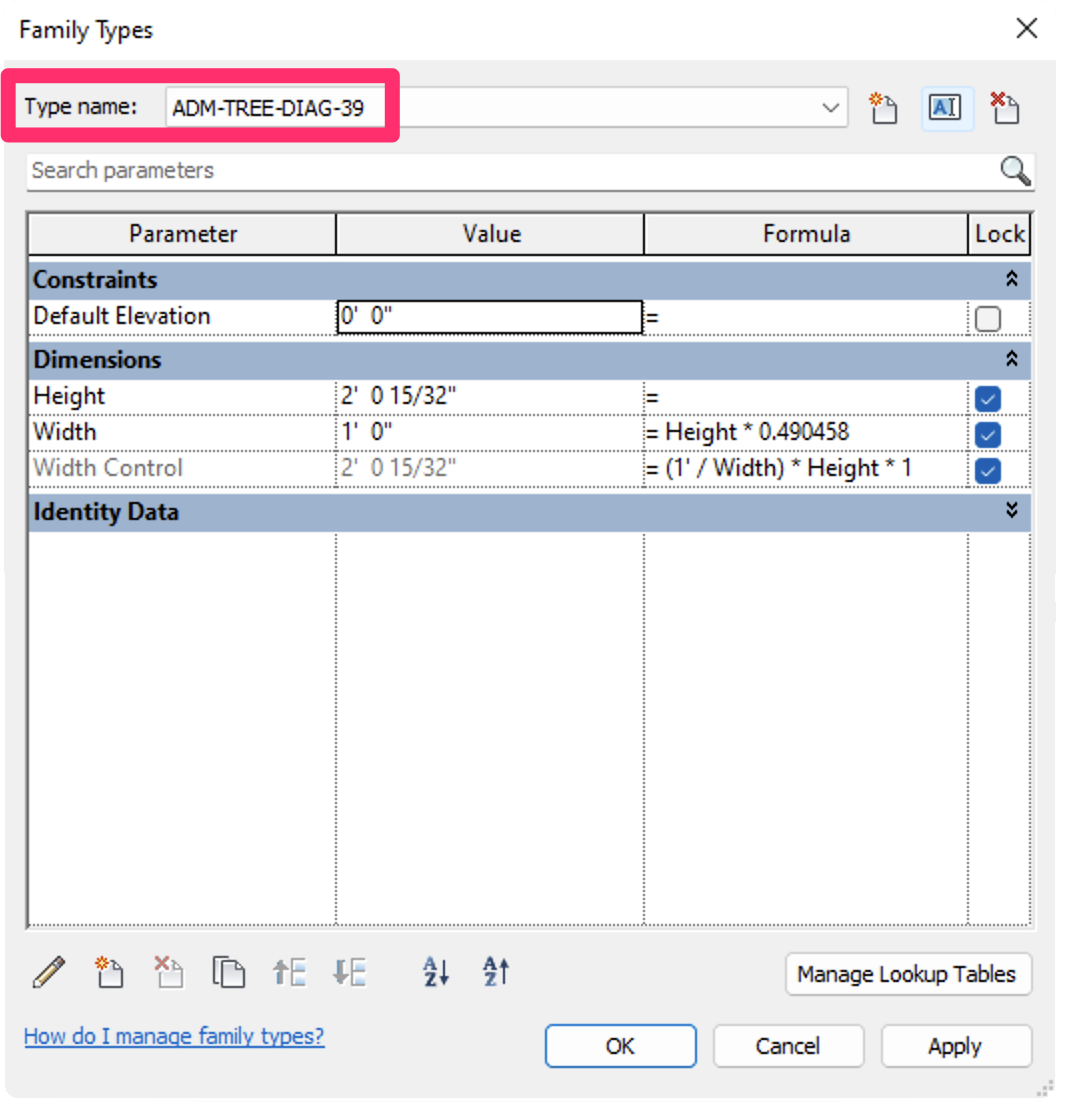 Family Types dialog box, Type name matching the RFA file