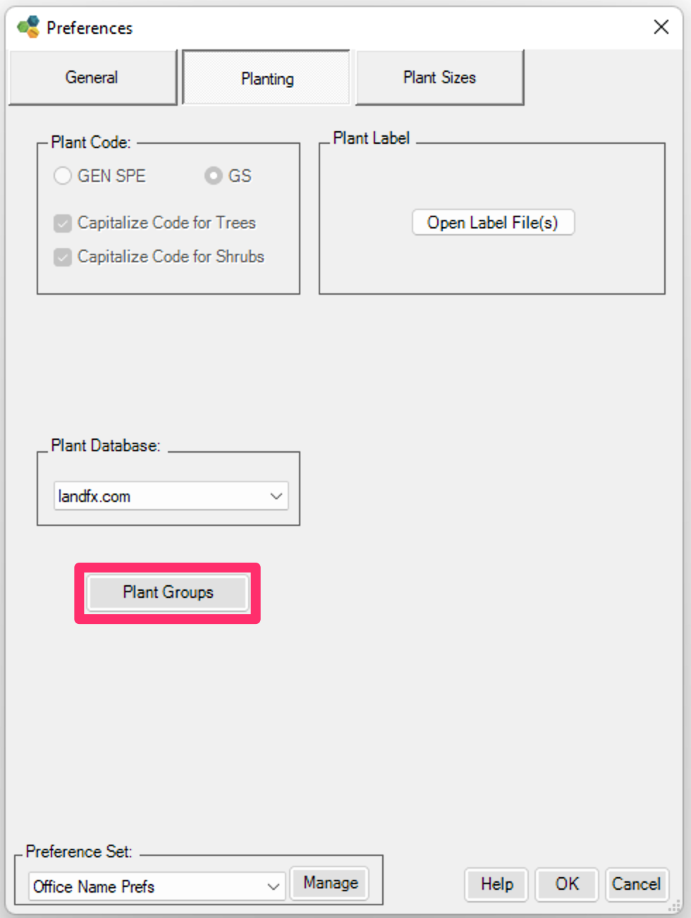 Planting Preferences screen, Groups button