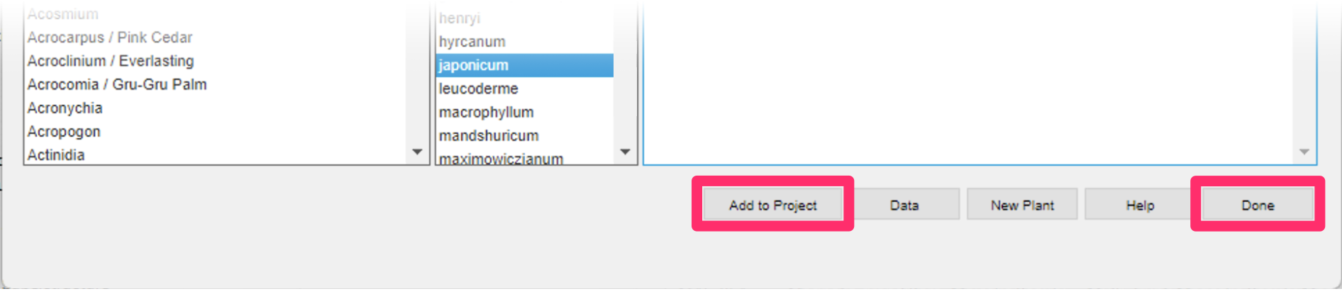 Land F/X Add Trees to Project dialog box, Add to Project and Done buttons