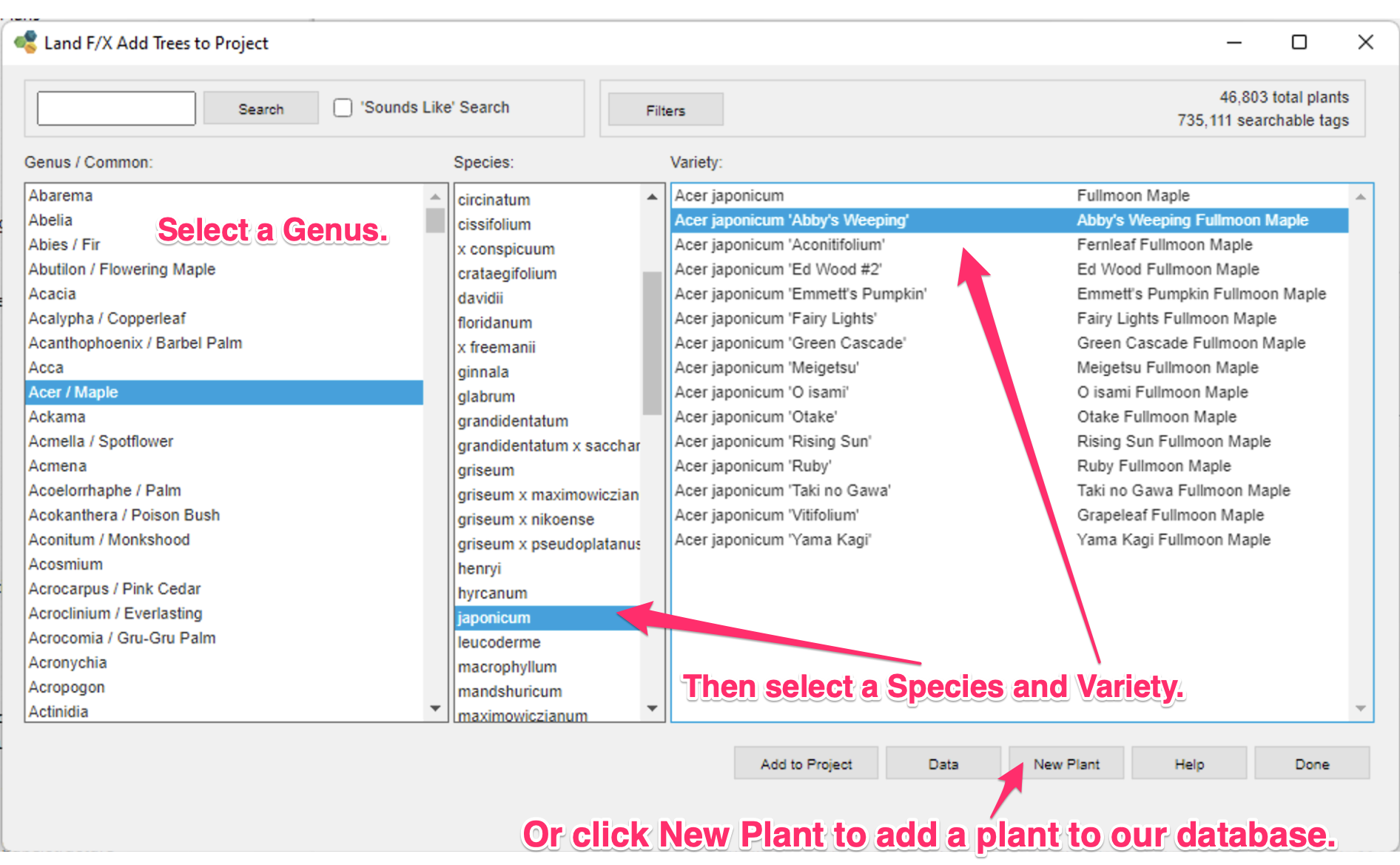 Land F/X Add Trees to Project dialog box, overview