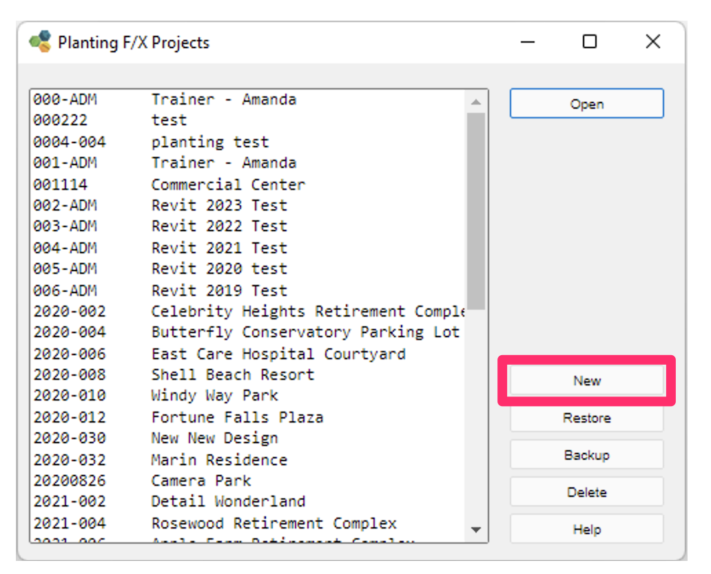 Planting F/X Projects dialog box, New button