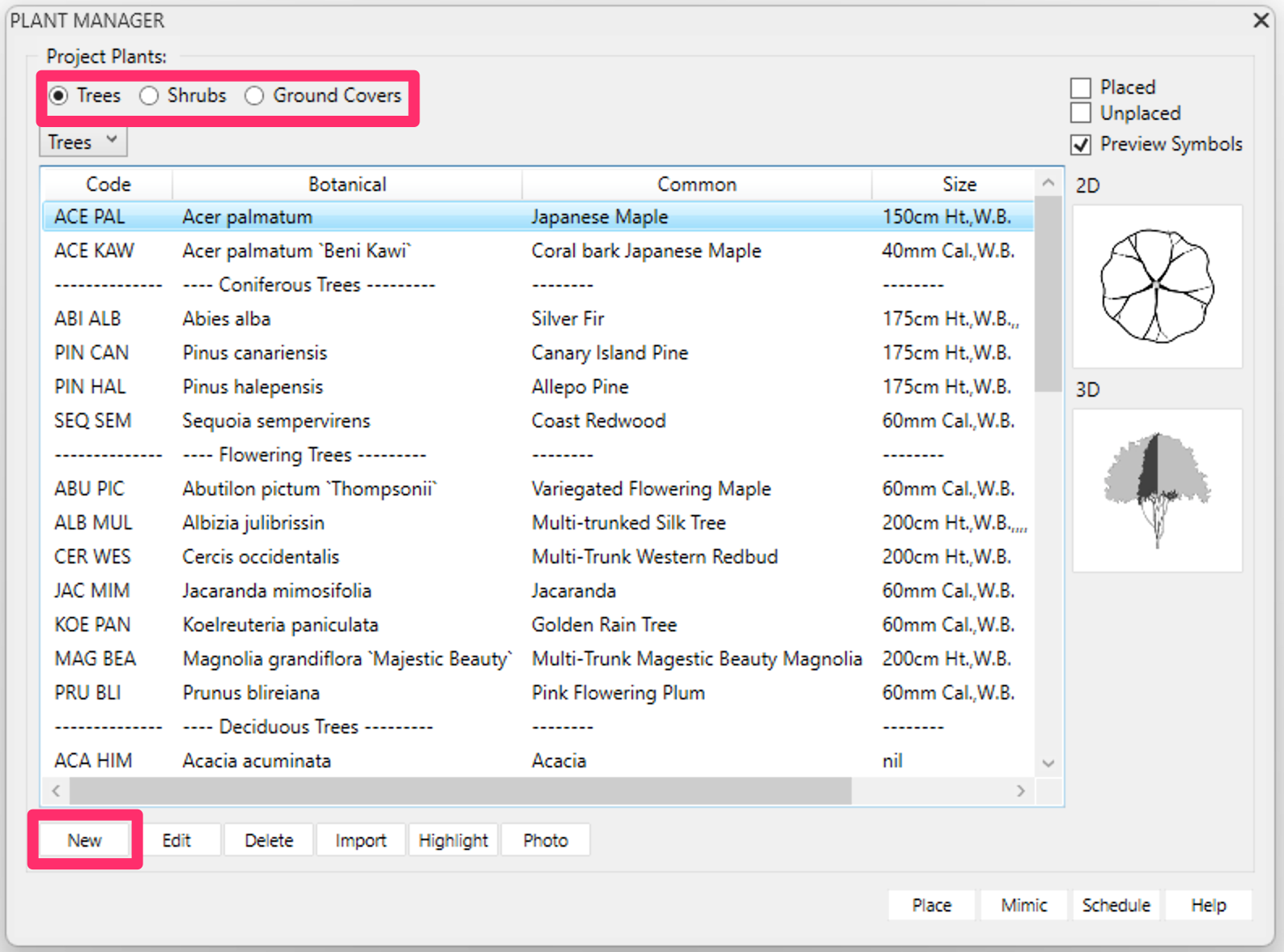 Plant Manager, Tree option selected and New button highlighted