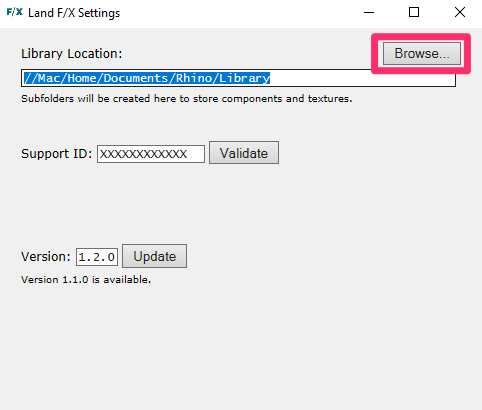 Land F/X Settings dialog box