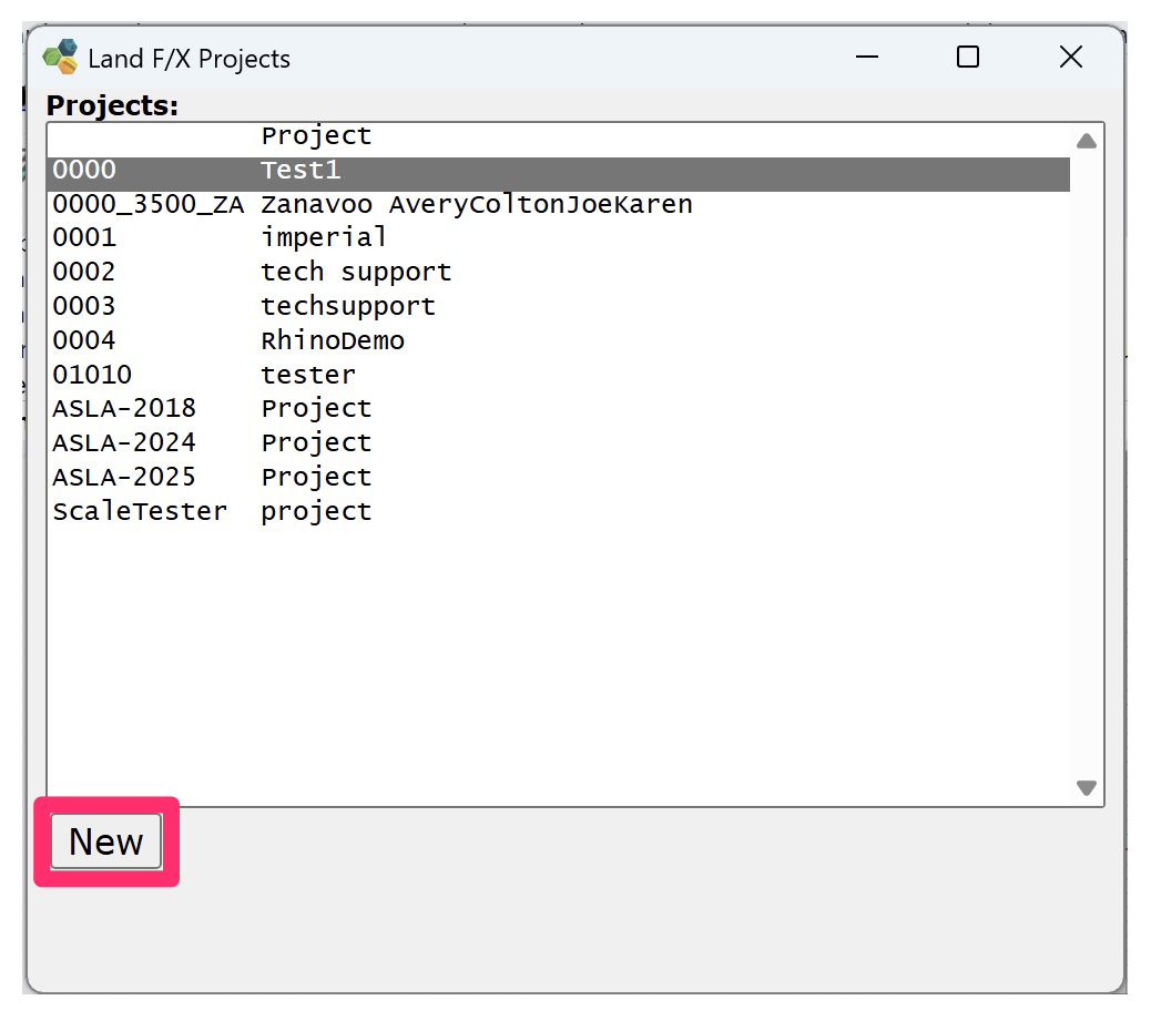 Land F/X Projects dialog box, New button
