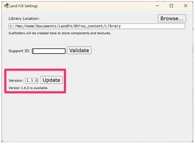 Land F/X Settings dialog box, Update button and available version