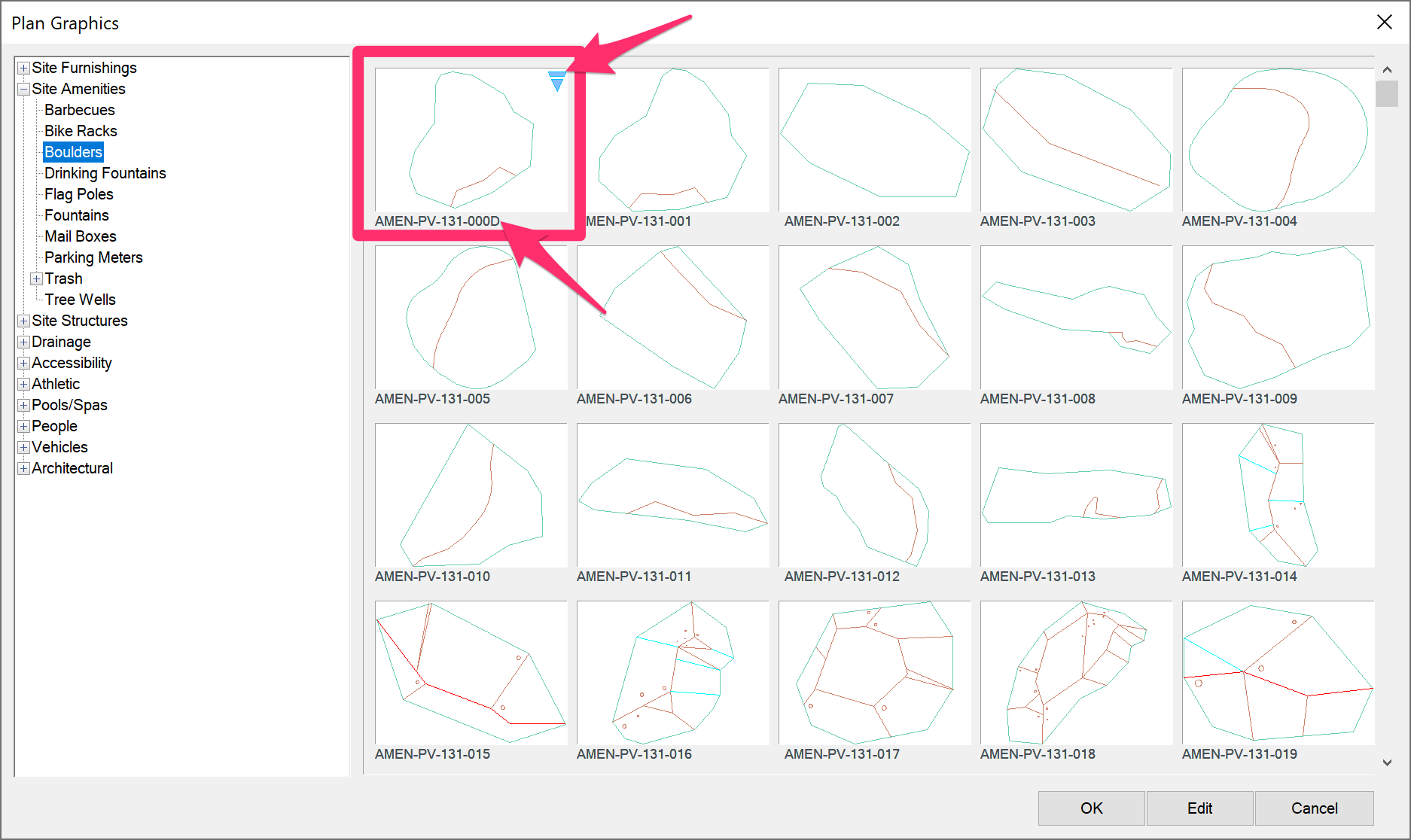 Dynamic boulder block in Plan Graphics library