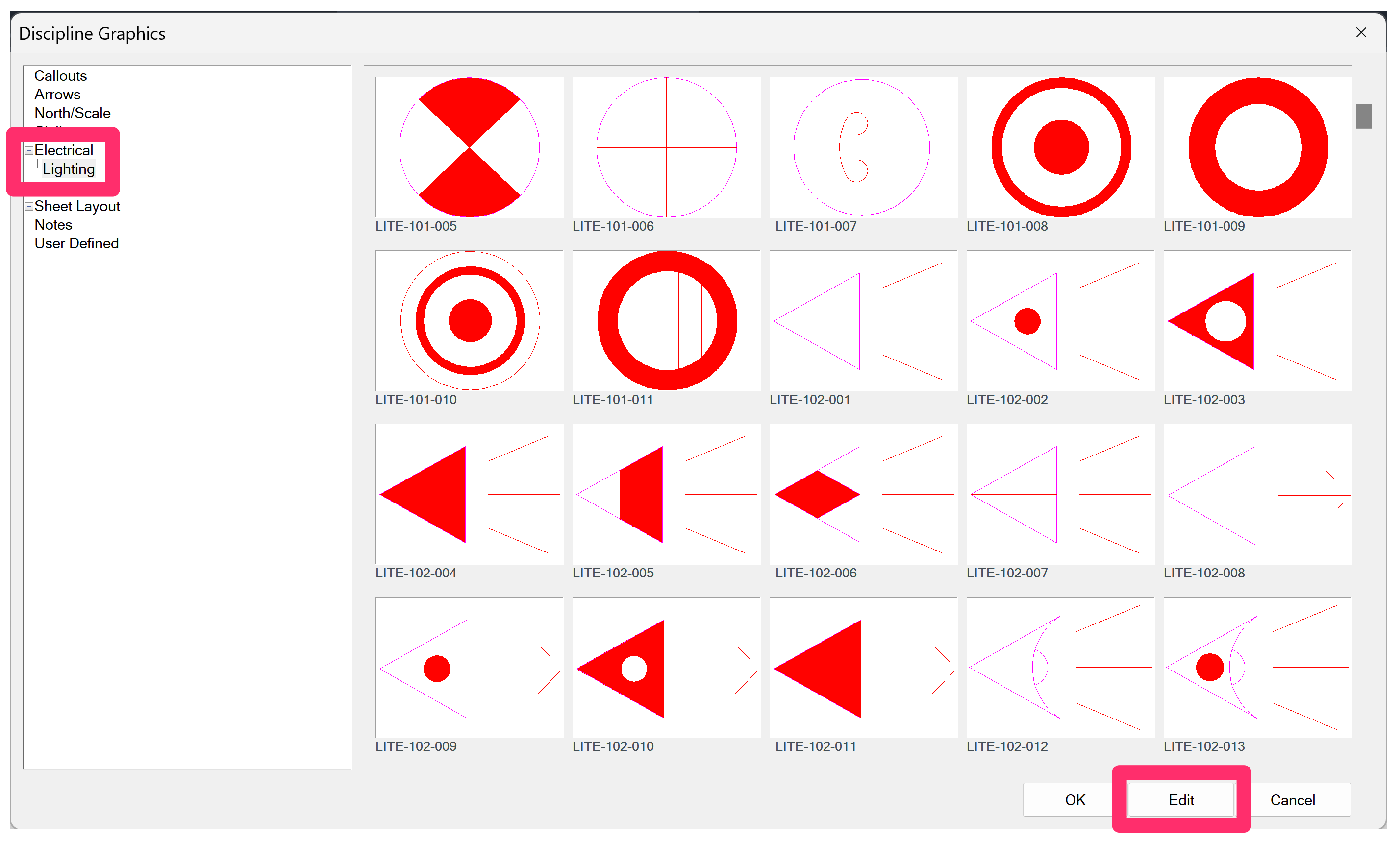 Discipline Graphics dialog box showing lighting symbols