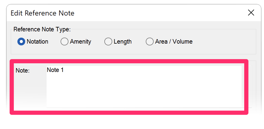 New Reference Note dialog box, Note field