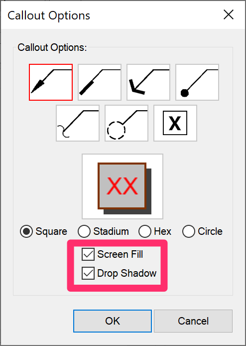 Screen Fill and Drop Shadow options for callout box