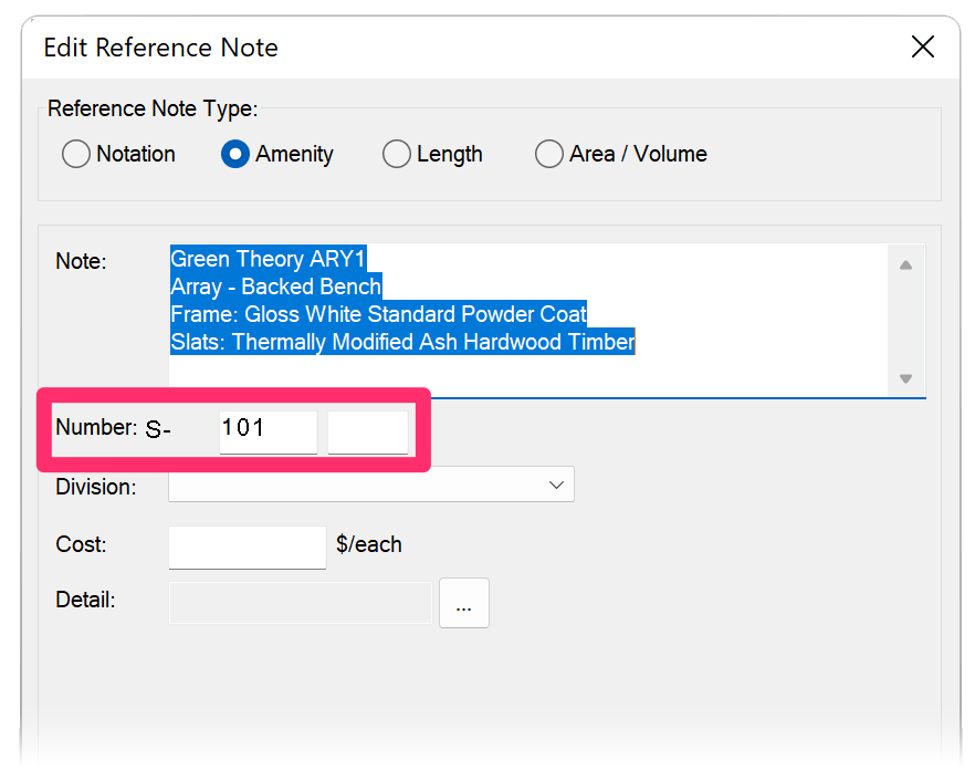 Number field for a RefNote organized under a CSI Division