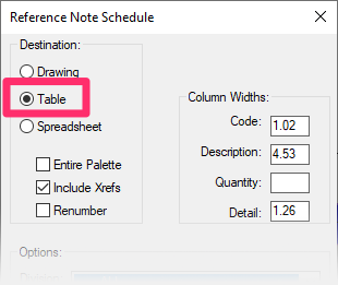 Table destination option (table with plotting gridlines)