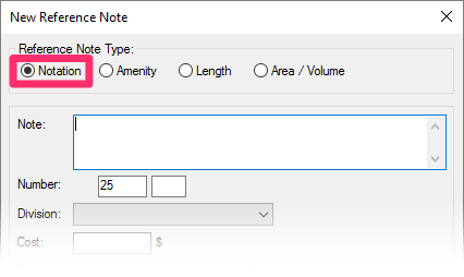 New Reference Note dialog box, Notation option