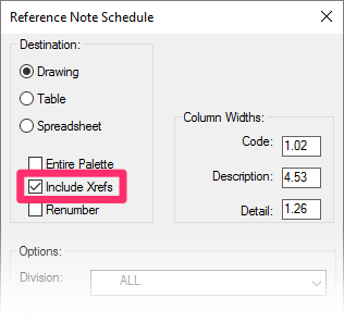 Reference Notes Schedule, Include Xrefs option