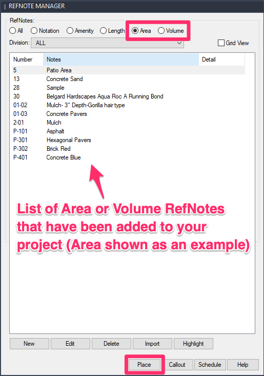 PLacing an Area/Volume Reference Note