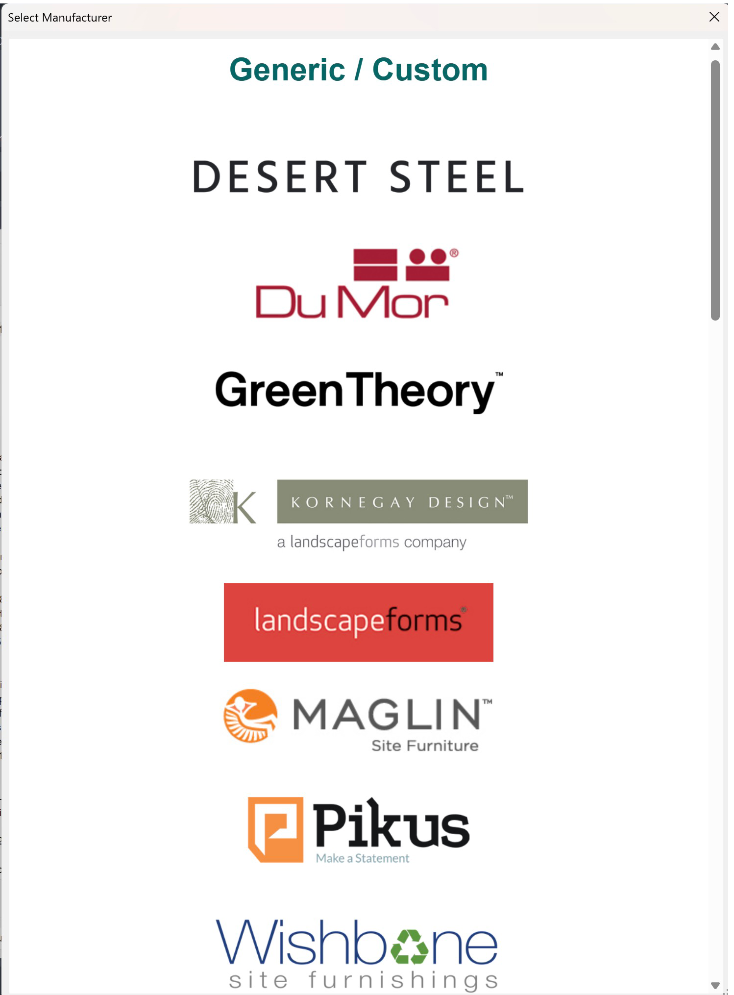 Select Manufacturer dialog box