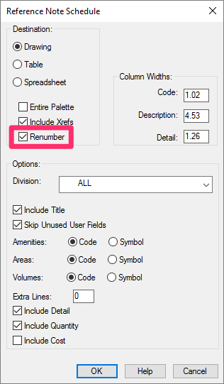 Reference Note Schedule dialog box, Renumber option