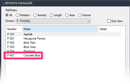 Reference Note with Division listed in Reference Notes Menager