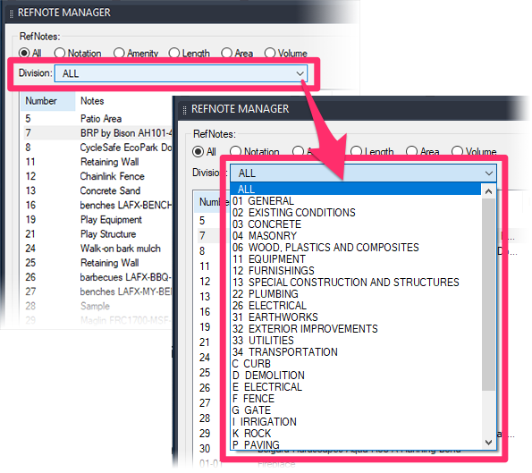 Locating a Reference Note by selecting its Division from the menu