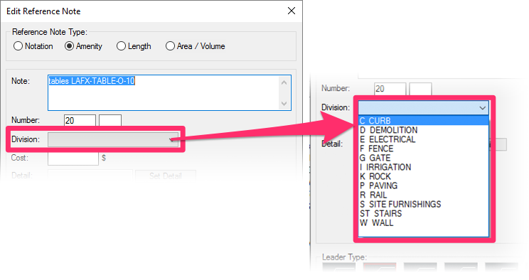 New Reference Note dialog box, Division menu