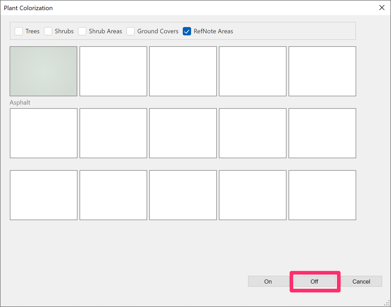 Color Render dialog box, Off button