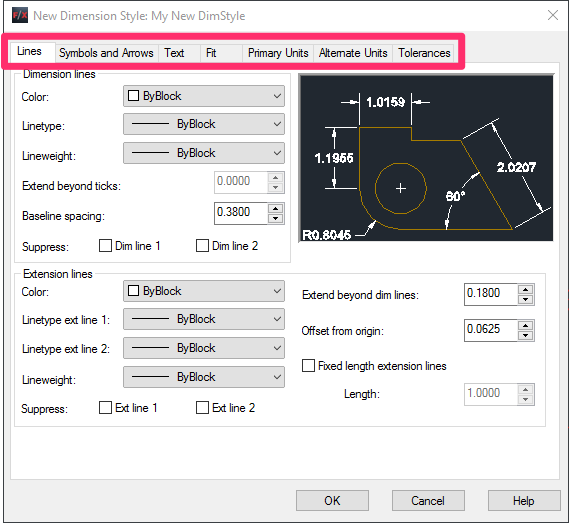 Configuration settings for a new DimStyle