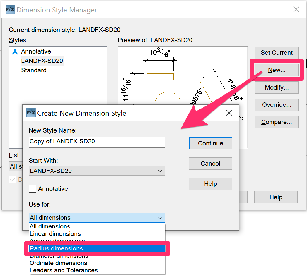 Changing the DimStyle set to Radius, Diameter, or Angular Dimensions