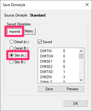 Options for DimStyle type, Imperial