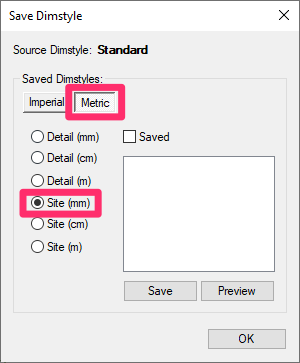 Options for DimStyle type, Metric