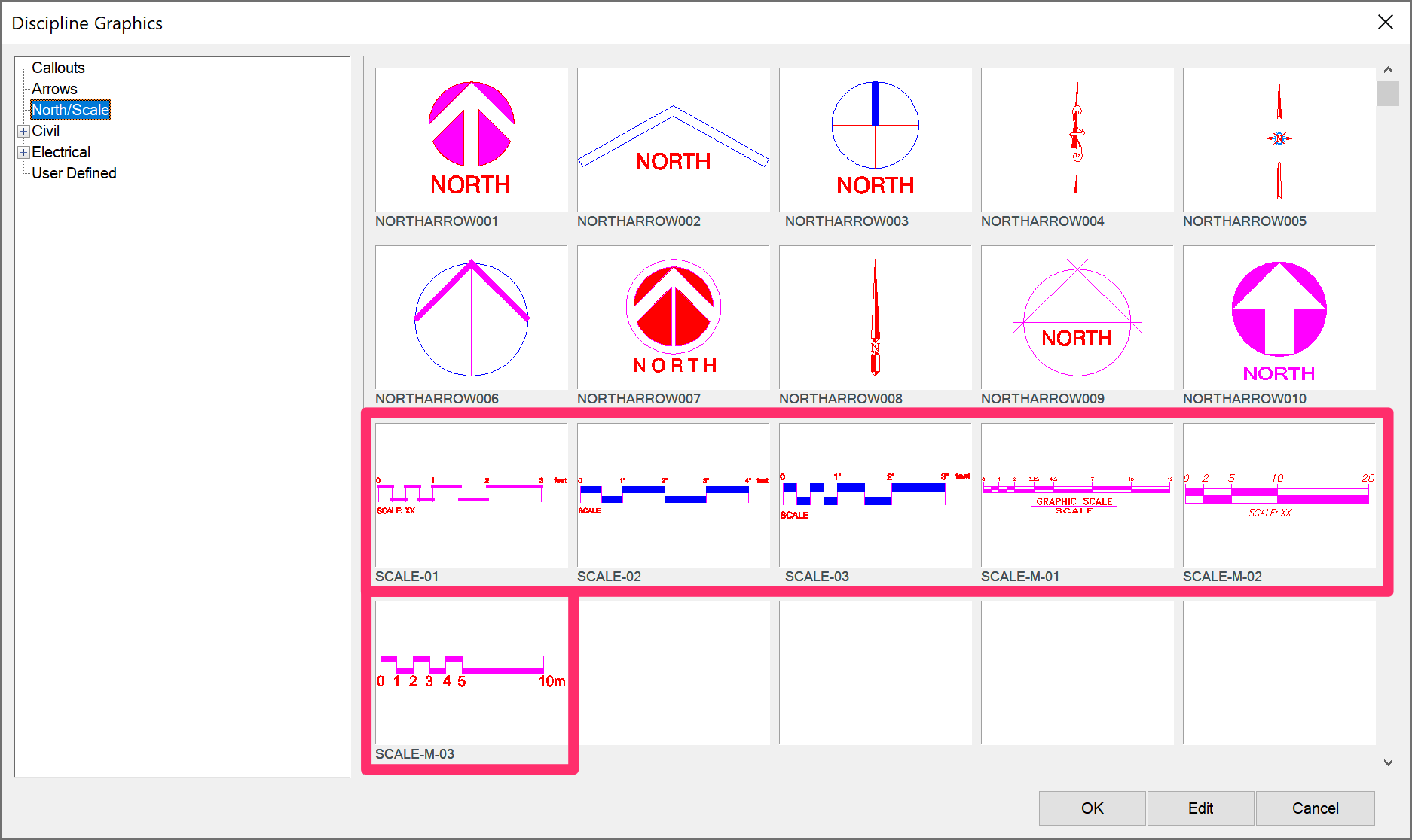 Select a scale bar block from Discipline Graphics