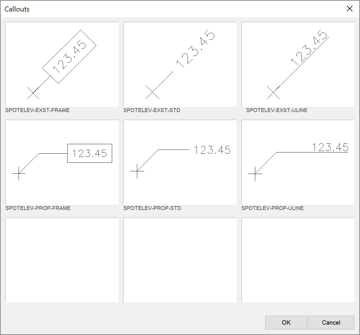 Callouts dialog box with available Spot Elevation styles