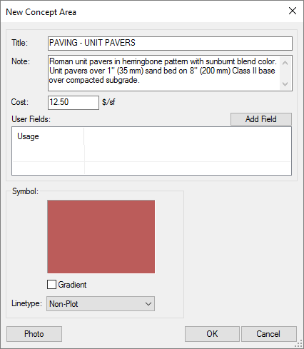 CNew Concept Area dialog box, example of information filled in