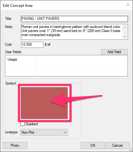 Selecting a new hatch or color for a Concept Area