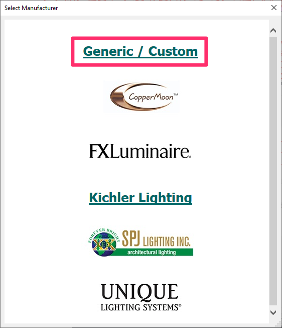 Select Manufacturer dialog box, Generic/Custom option