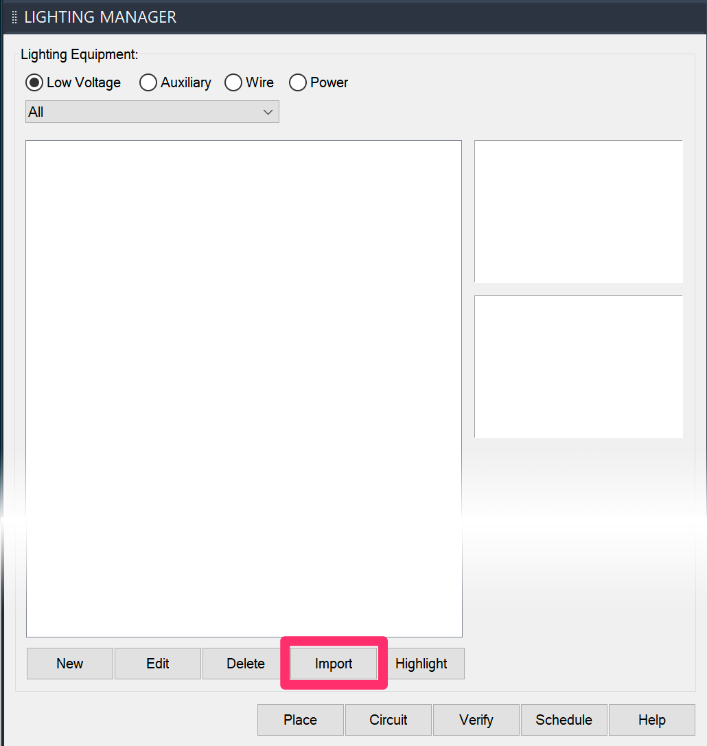 Lighting Manager, Import button