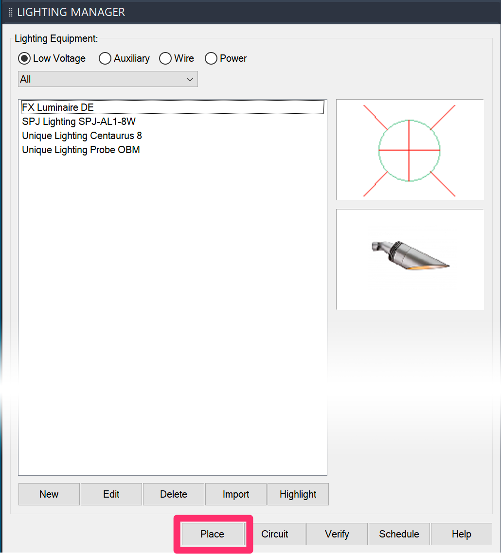 Lighting Manager, Place button
