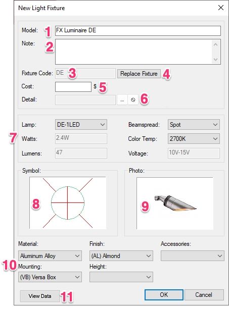 New light Fixture dialog box, overview