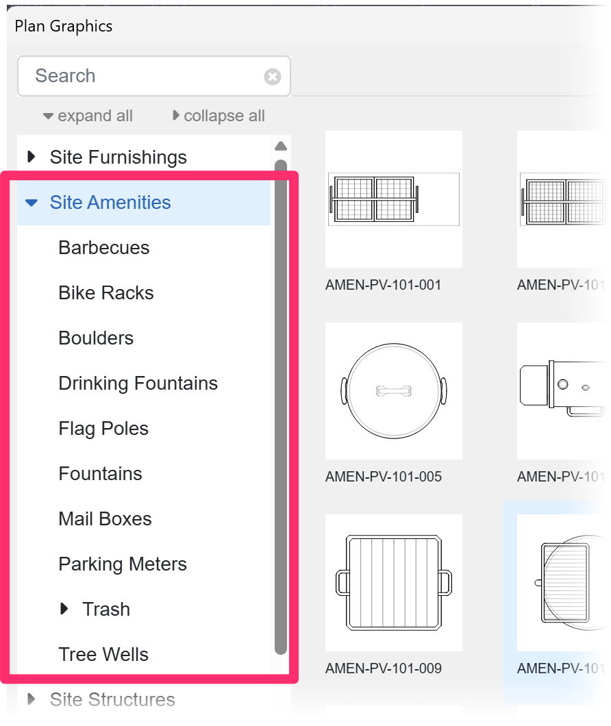 Site Amenities Plan Graphics library, dialog box