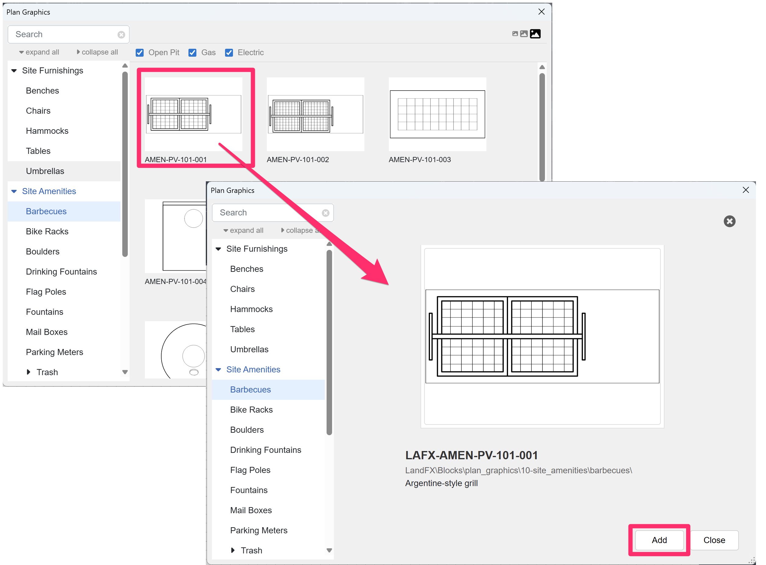 Placing a block from the Plan Graphics library