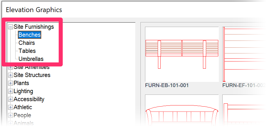 Elevation Graphics categories, dialog box