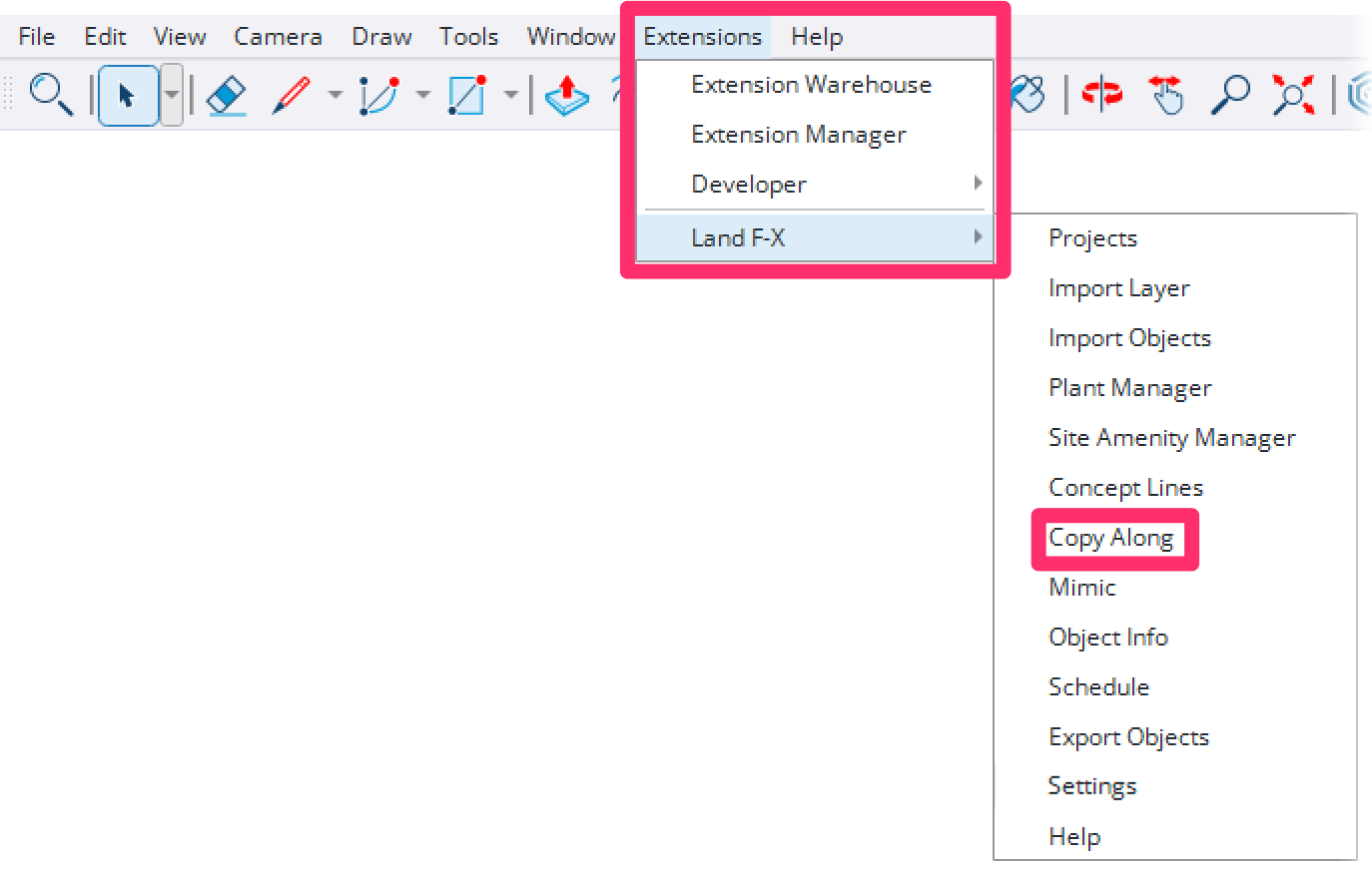 Land-FX menu in SketchUp, Copy Along option