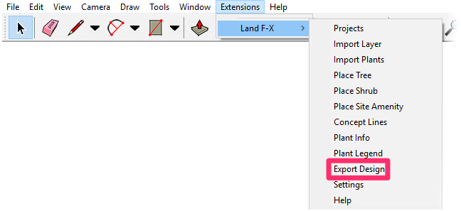 Land-FX menu in SketchUp, Export Design button