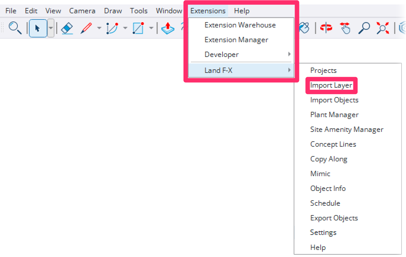 Land-FX menu in SketchUp, Import Layer option