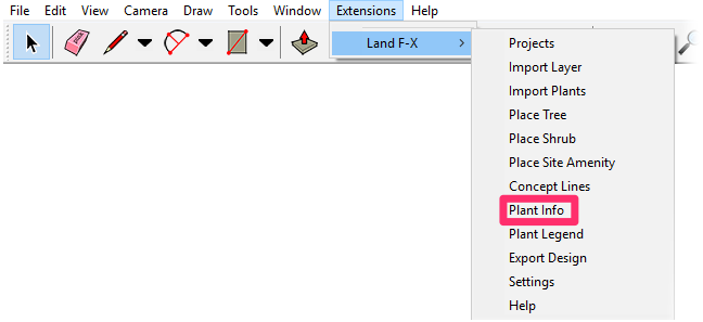 Land-FX menu in SketchUp, Plant Info option