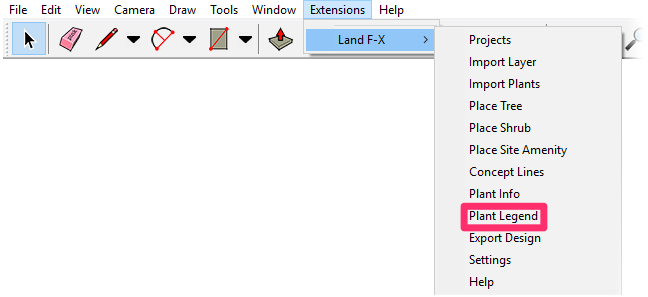Land-FX menu in SketchUp, Plant Legend option
