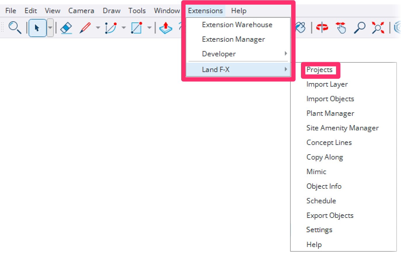 Land-FX menu in SketchUp, Projects option