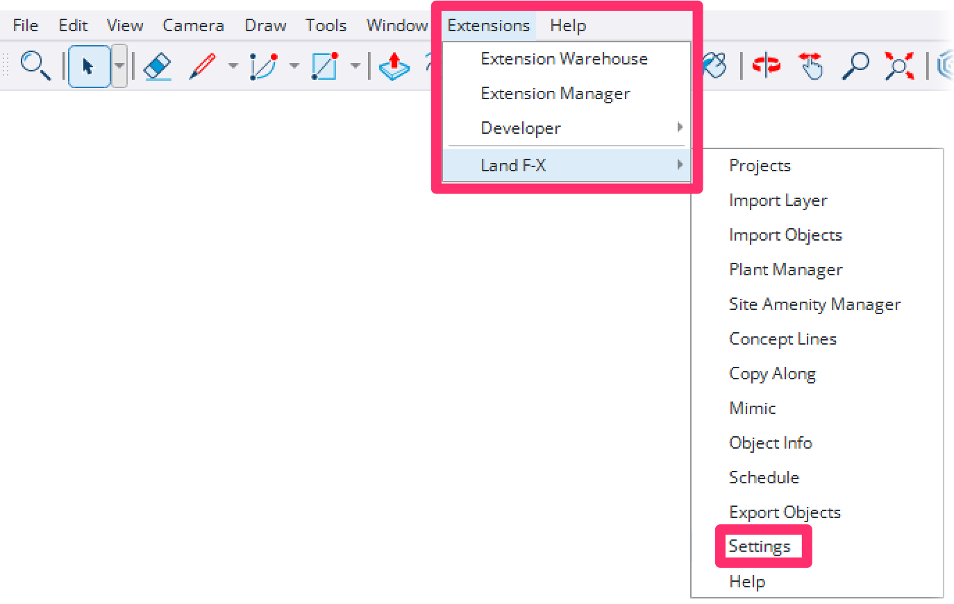 Land-FX menu in SketchUp, Settings option