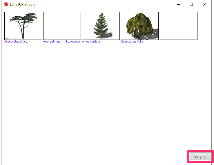 Land F/X Import dialog box, Import button