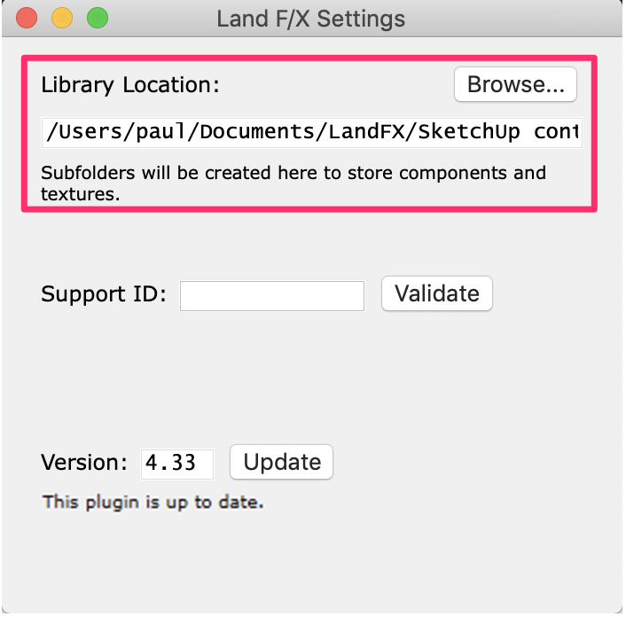 Land F/X Settings dialog box, Browse button