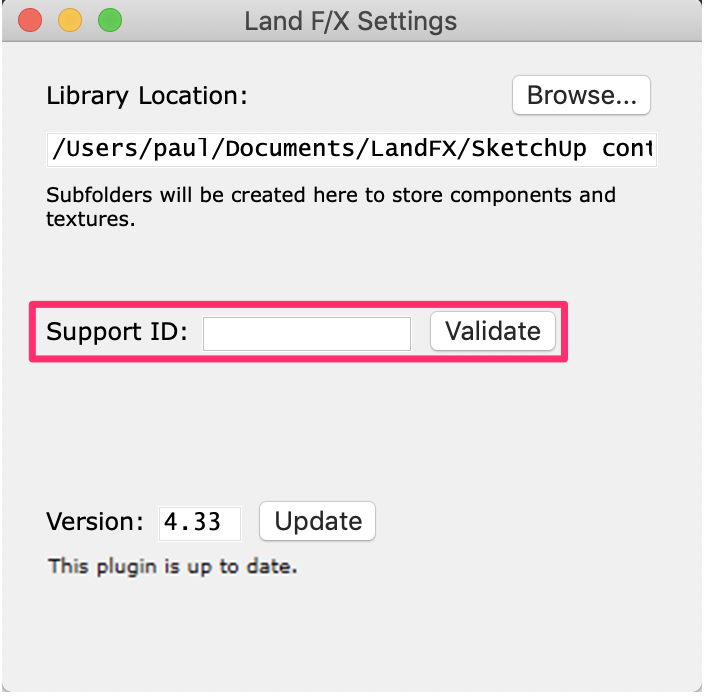 Land F/X Settings dialog box, library path and Support ID field